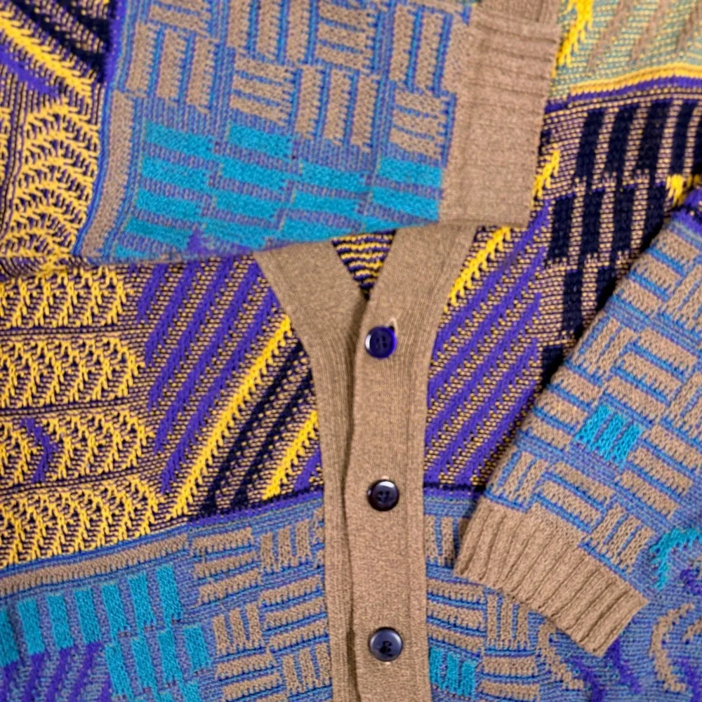 VTG Abstract 3D Chunky Knit Cardigan Mens Large Geometric Coogi Style Grandpa